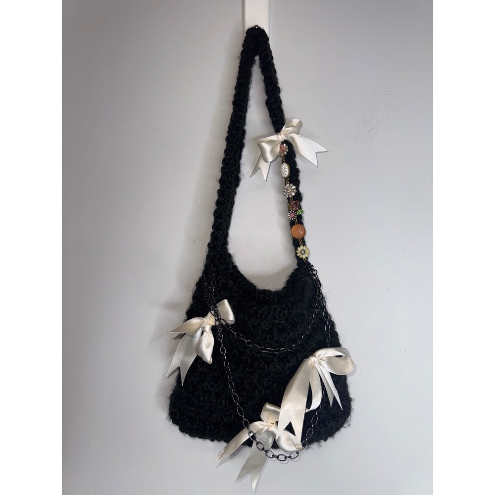 Vintage Y2K Black Crochet Bow Charm Bag Coquette Chain Shoulder Hobo Handbag